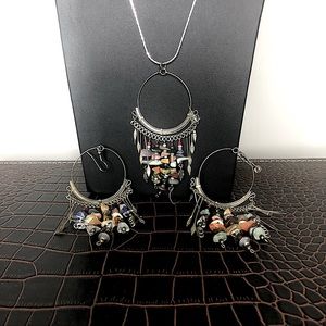 Multi-Color Agate and Silver Hinged, Hoop Earrings and Necklace Set